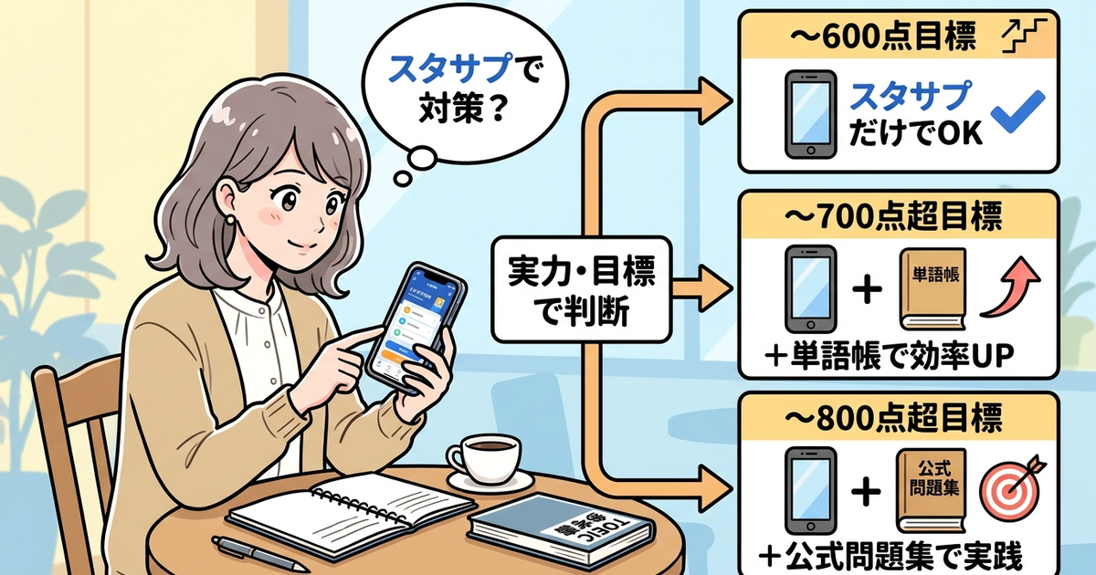 スタサプだけでTOEIC対策できるか、スコア別で判断が変わってくる